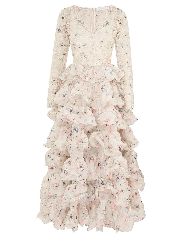 Women Zimmermann Dresses and Coverups Halliday Tiered Ruffle Gown Ivory Watercolour Floral