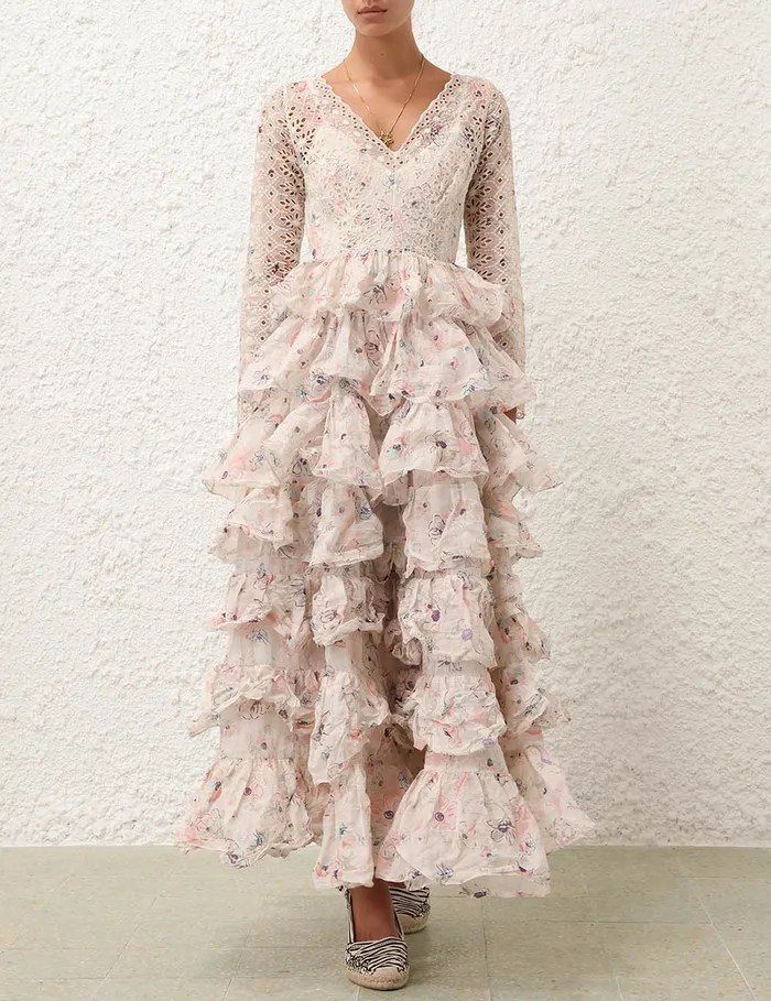 Women Zimmermann Dresses and Coverups Halliday Tiered Ruffle Gown Ivory Watercolour Floral