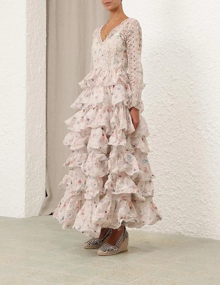 Women Zimmermann Dresses and Coverups Halliday Tiered Ruffle Gown Ivory Watercolour Floral
