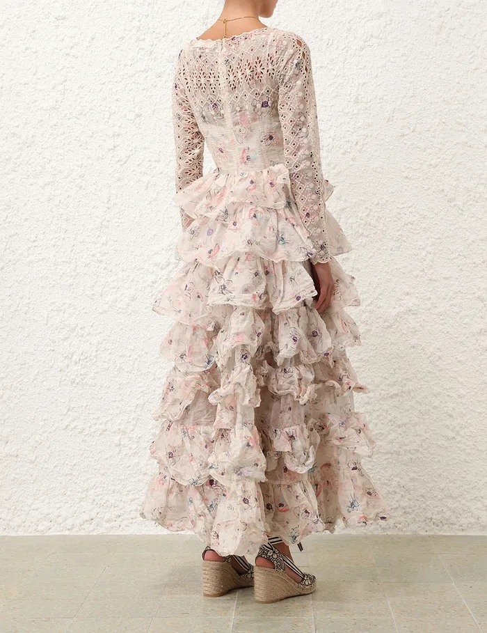 Women Zimmermann Dresses and Coverups Halliday Tiered Ruffle Gown Ivory Watercolour Floral
