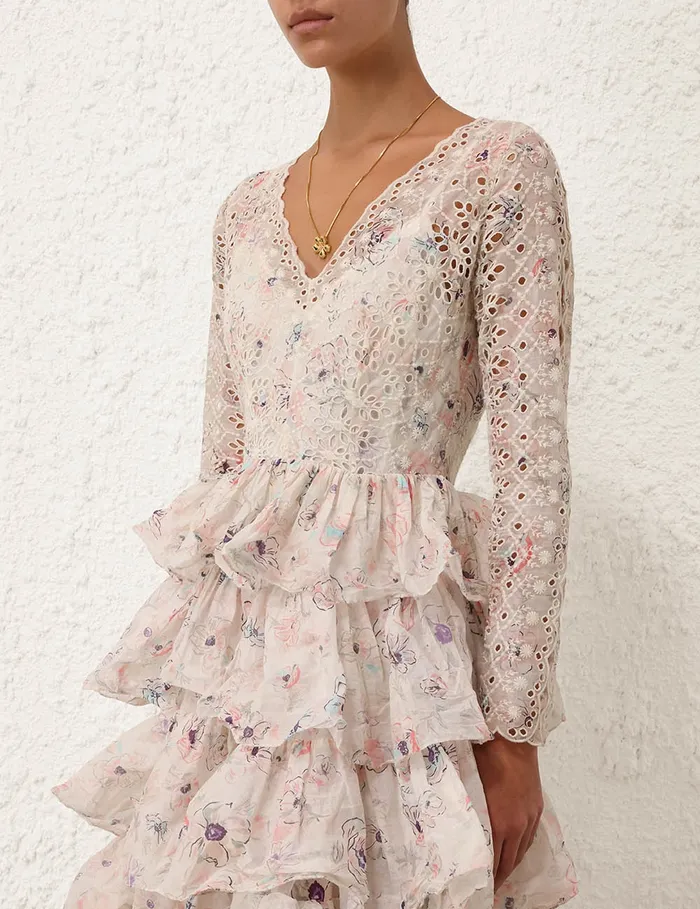 Women Zimmermann Dresses and Coverups Halliday Tiered Ruffle Gown Ivory Watercolour Floral
