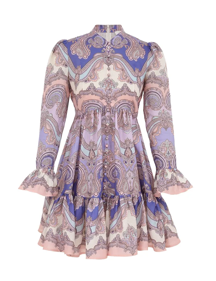 Women Zimmermann Dresses and Coverups Maxine Long Sleeve Mini Dress Purple Paisley