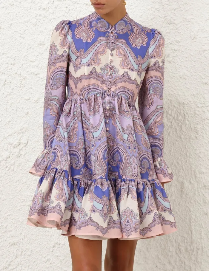 Women Zimmermann Dresses and Coverups Maxine Long Sleeve Mini Dress Purple Paisley