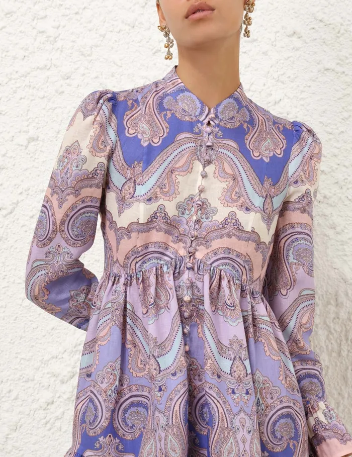 Women Zimmermann Dresses and Coverups Maxine Long Sleeve Mini Dress Purple Paisley