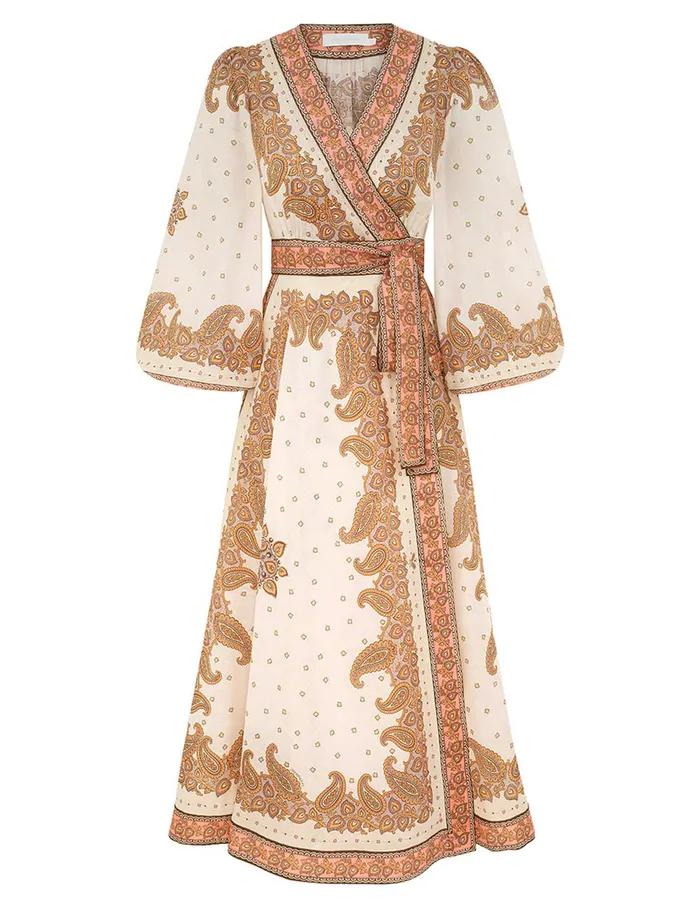 Women Zimmermann Dresses and Coverups Maxine Midi Wrap Dress Orange Paisley