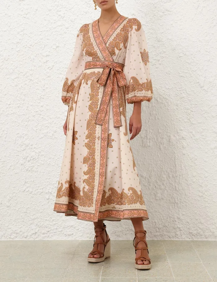 Women Zimmermann Dresses and Coverups Maxine Midi Wrap Dress Orange Paisley