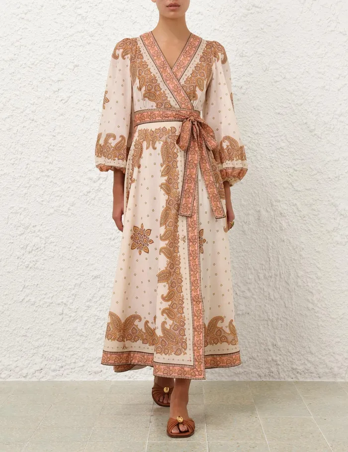 Women Zimmermann Dresses and Coverups Maxine Midi Wrap Dress Orange Paisley
