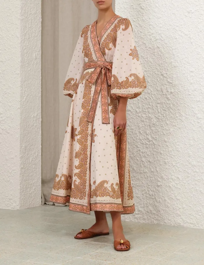 Women Zimmermann Dresses and Coverups Maxine Midi Wrap Dress Orange Paisley