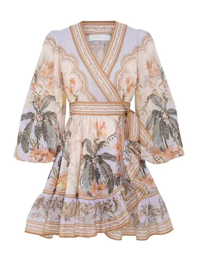 Women Zimmermann Dresses and Coverups Wylie Mini Wrap Frill Dress Blue Floral