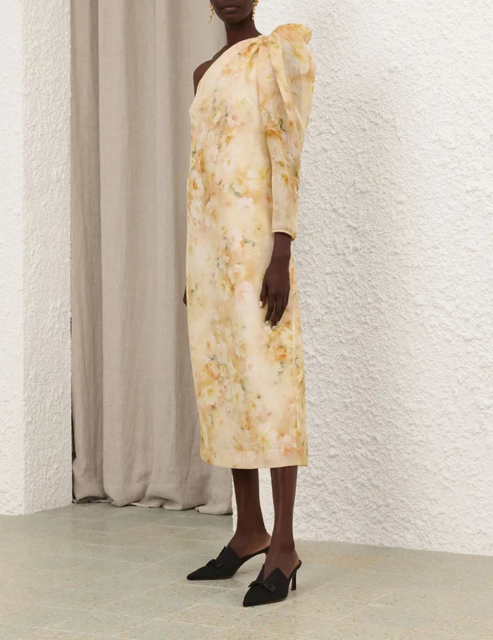 Women Zimmermann Dresses Crush Asymmetrical Midi Dress Yellow Floral