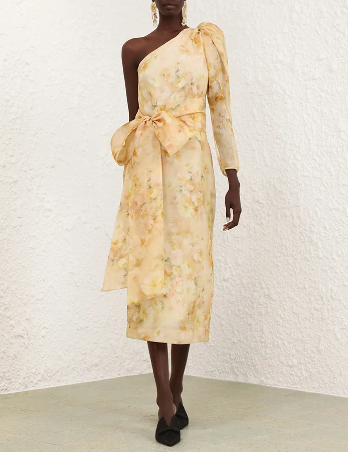 Women Zimmermann Dresses Crush Asymmetrical Midi Dress Yellow Floral