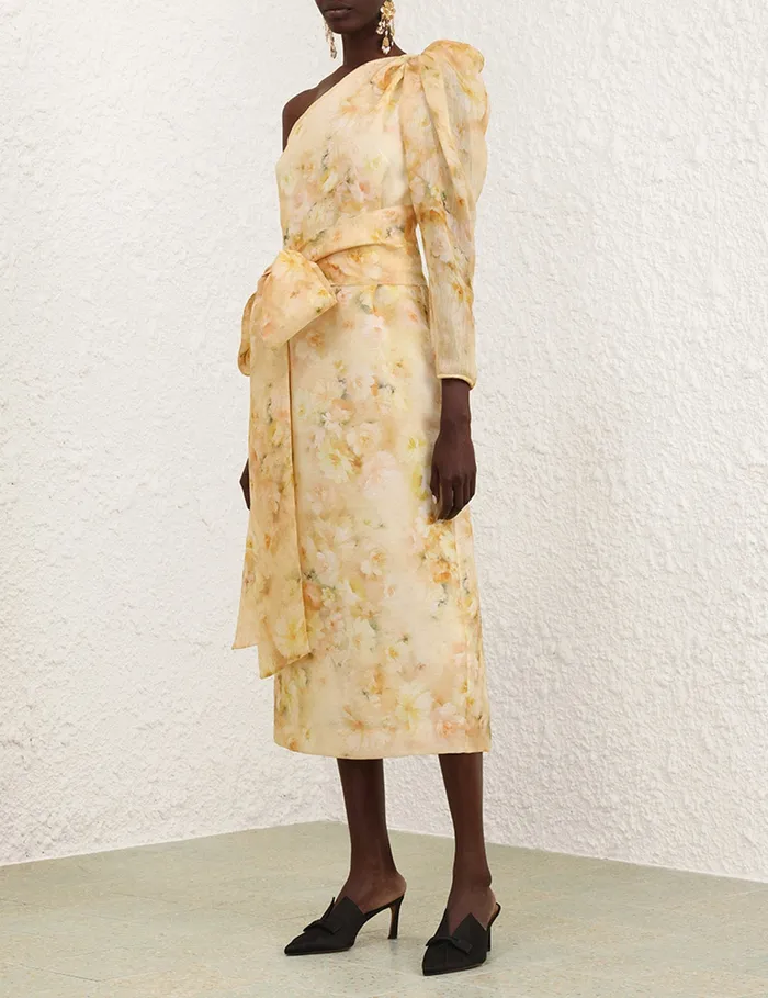 Women Zimmermann Dresses Crush Asymmetrical Midi Dress Yellow Floral