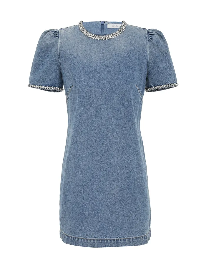 Women Zimmermann Dresses Crush Embellished Denim Dress Blue Moon