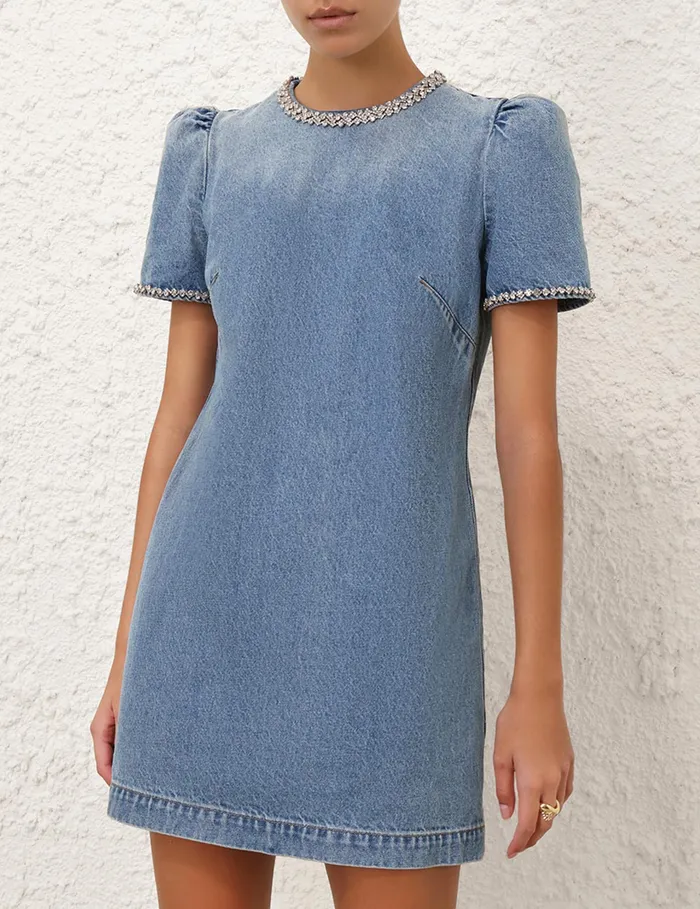 Women Zimmermann Dresses Crush Embellished Denim Dress Blue Moon