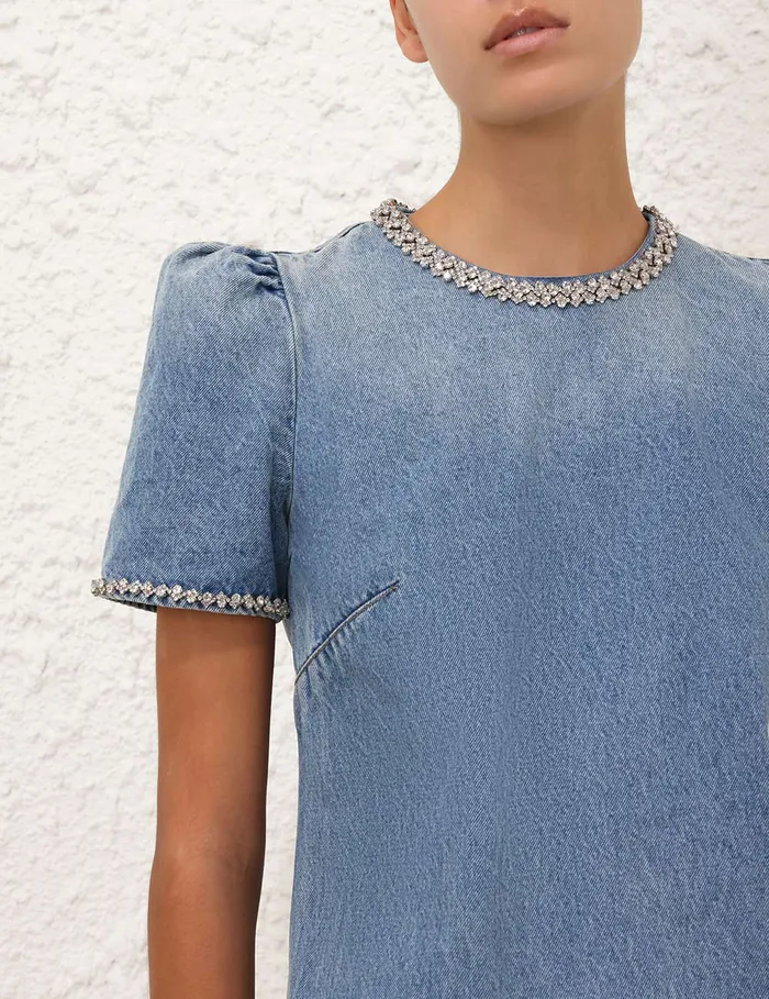 Women Zimmermann Dresses Crush Embellished Denim Dress Blue Moon