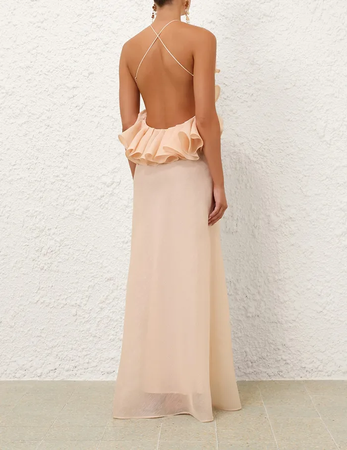 Women Zimmermann Dresses Crush Ruffle Halter Maxi Dress Peach