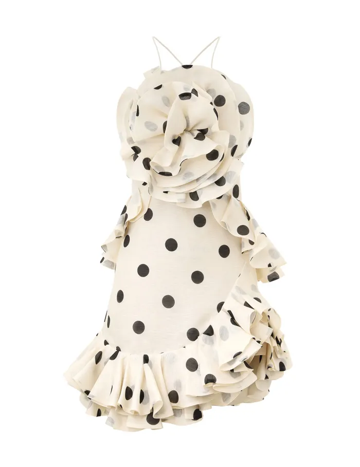 Women Zimmermann Dresses Crush Ruffle Halter Mini Dress Creamblack Dot