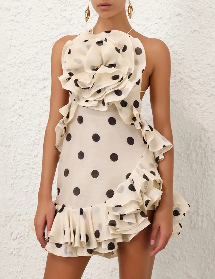 Women Zimmermann Dresses Crush Ruffle Halter Mini Dress Creamblack Dot