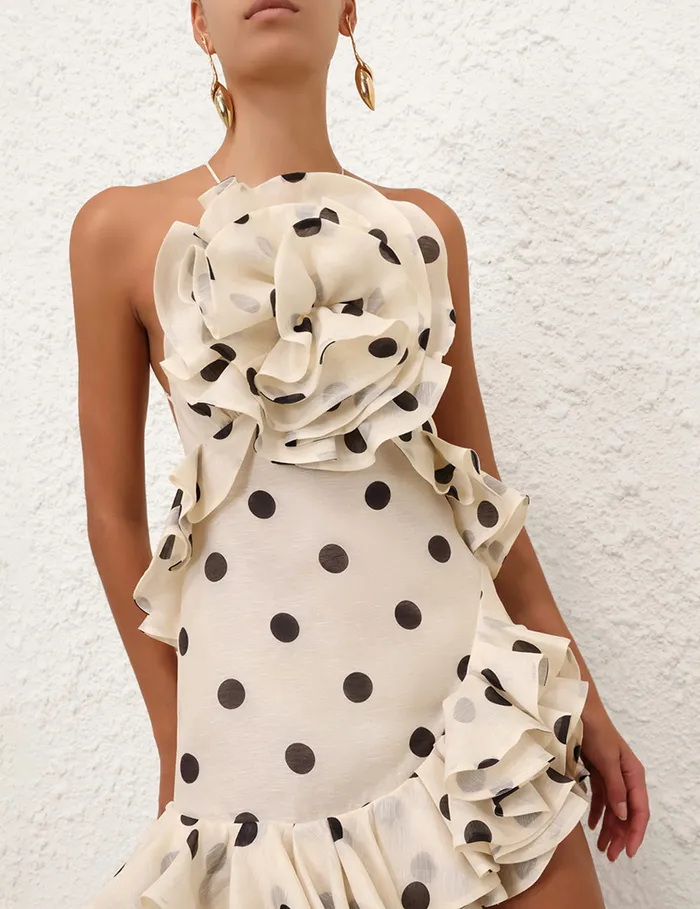Women Zimmermann Dresses Crush Ruffle Halter Mini Dress Creamblack Dot