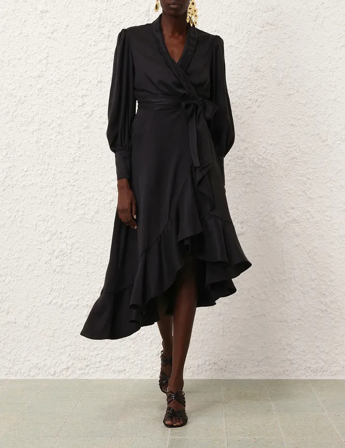 Women Zimmermann Dresses Silk Wrap Midi Dress Black
