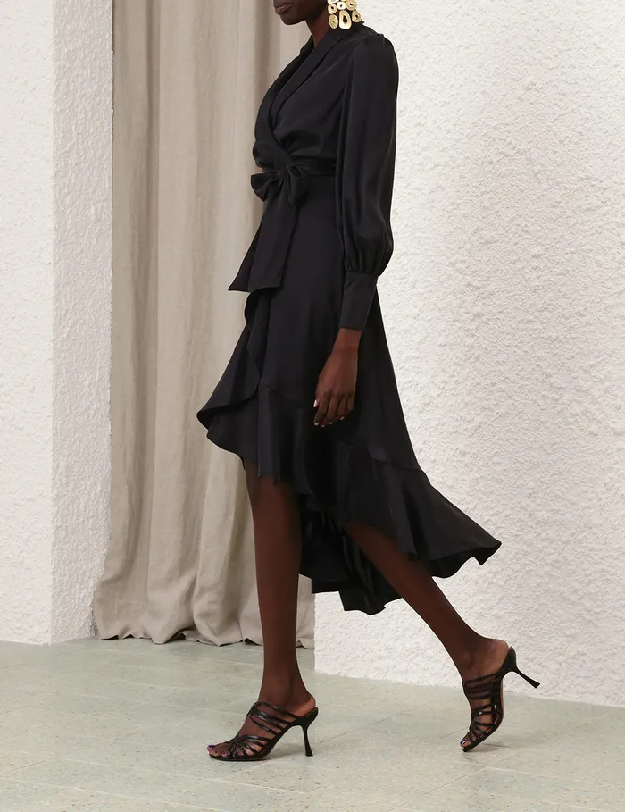 Women Zimmermann Dresses Silk Wrap Midi Dress Black