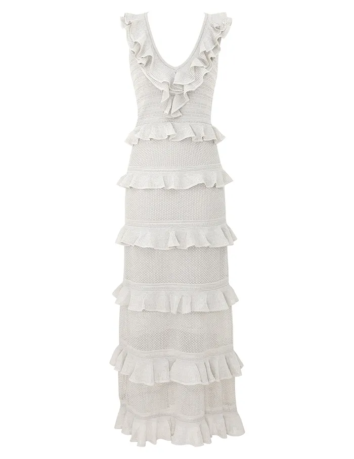 Women Zimmermann Knitwear Crush Frilled VNeck Midi Silver