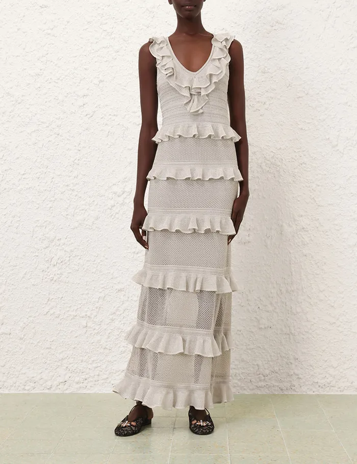Women Zimmermann Knitwear Crush Frilled VNeck Midi Silver