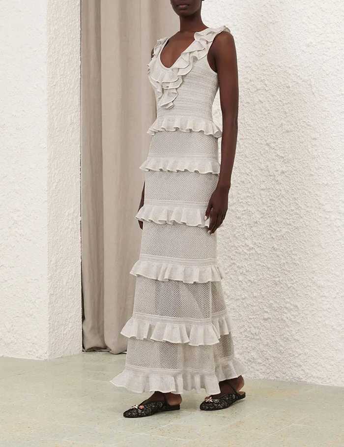 Women Zimmermann Knitwear Crush Frilled VNeck Midi Silver