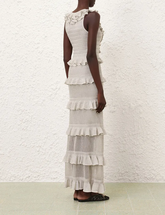 Women Zimmermann Knitwear Crush Frilled VNeck Midi Silver