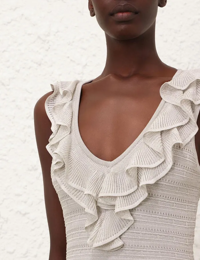 Women Zimmermann Knitwear Crush Frilled VNeck Midi Silver