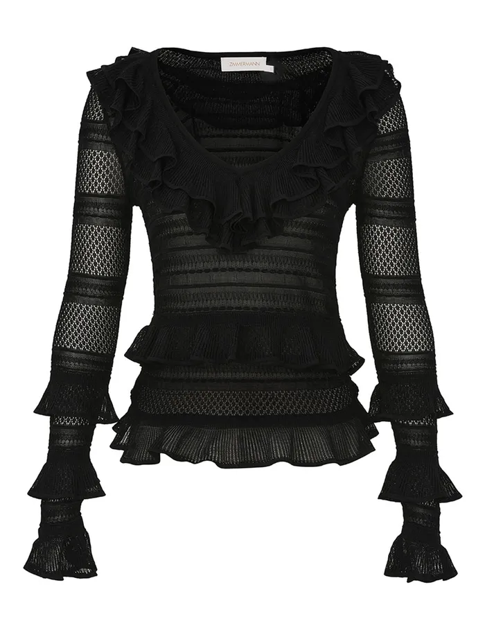 Women Zimmermann Knitwear Crush Frilled VNeck Top Black
