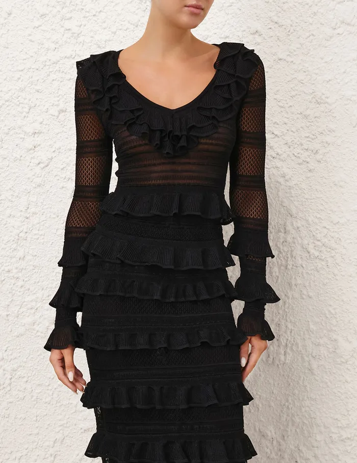 Women Zimmermann Knitwear Crush Frilled VNeck Top Black