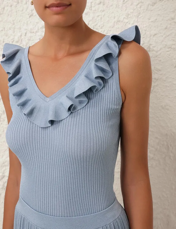 Women Zimmermann Knitwear Waverly Frill VNeck Top Blue Lurex
