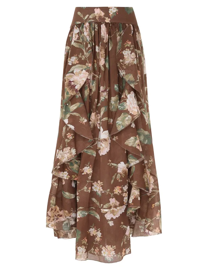 Women Zimmermann Skirts Acacia Ruffle Maxi Skirt Chocolate Floral