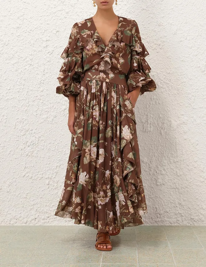 Women Zimmermann Skirts Acacia Ruffle Maxi Skirt Chocolate Floral