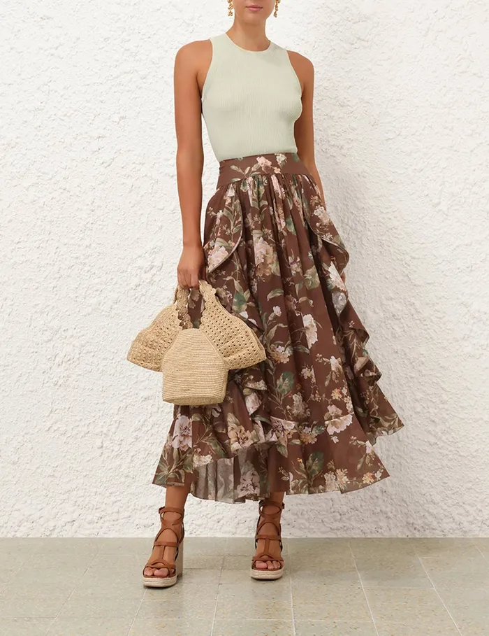 Women Zimmermann Skirts Acacia Ruffle Maxi Skirt Chocolate Floral