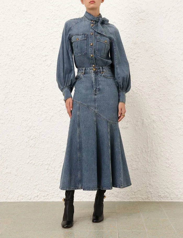 Women Zimmermann Skirts Illustration Denim Midi Skirt Neptune