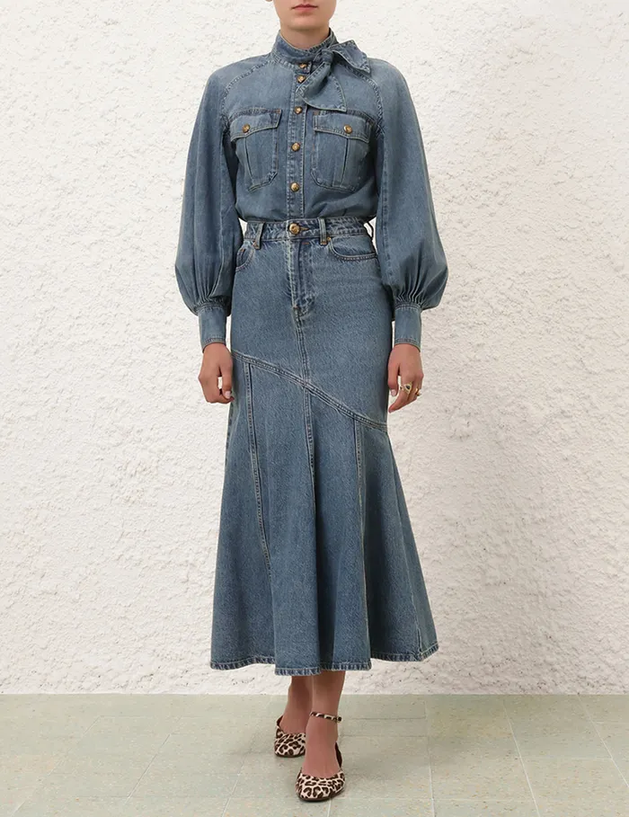 Women Zimmermann Skirts Illustration Denim Midi Skirt Neptune