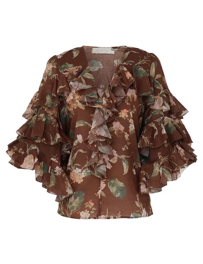 Women Zimmermann Tops Acacia Ruffle Blouse Chocolate Floral