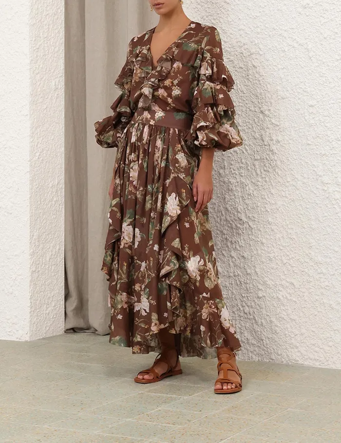 Women Zimmermann Tops Acacia Ruffle Blouse Chocolate Floral