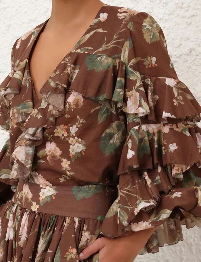 Women Zimmermann Tops Acacia Ruffle Blouse Chocolate Floral