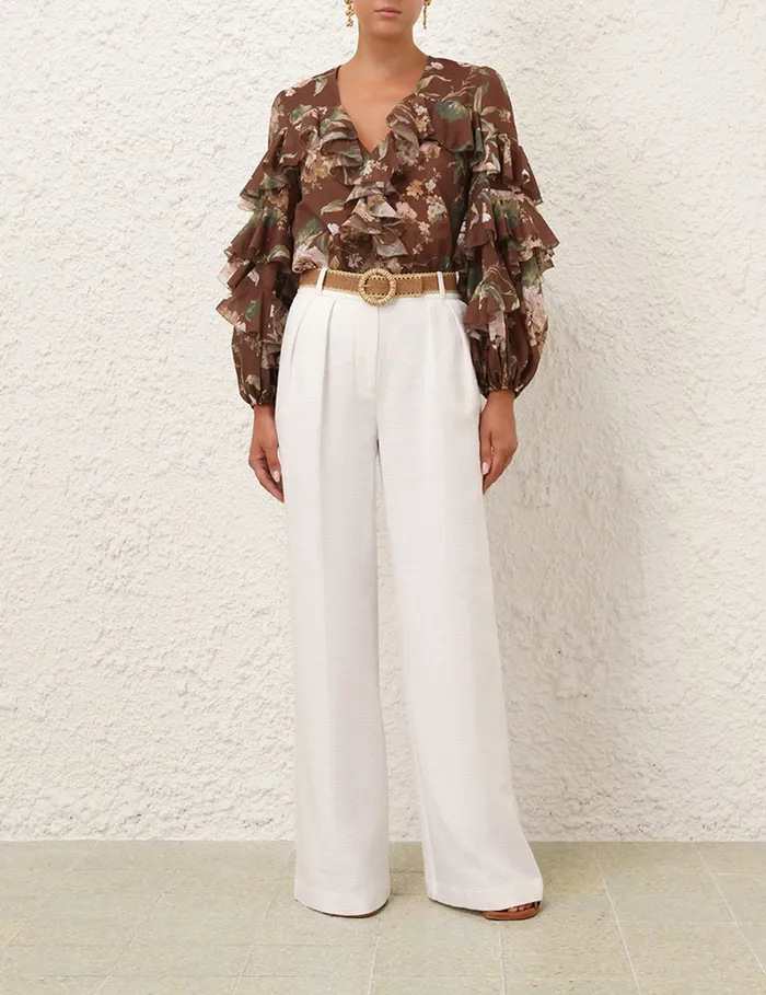 Women Zimmermann Tops Acacia Ruffle Blouse Chocolate Floral