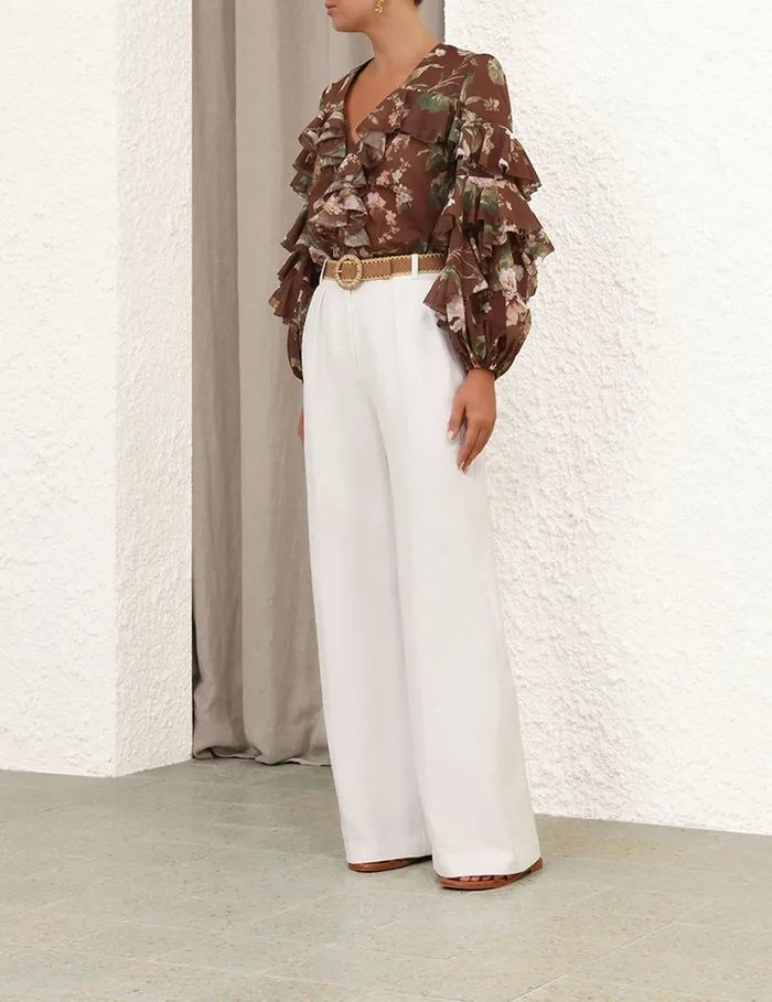 Women Zimmermann Tops Acacia Ruffle Blouse Chocolate Floral