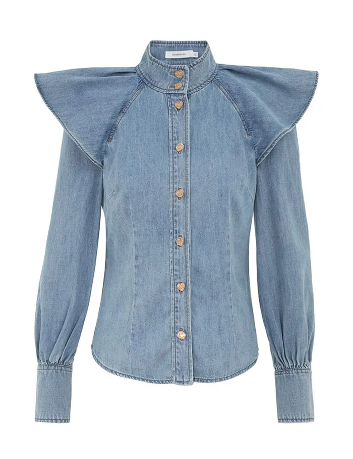 Women Zimmermann Tops Crush Denim Blouse Blue Moon