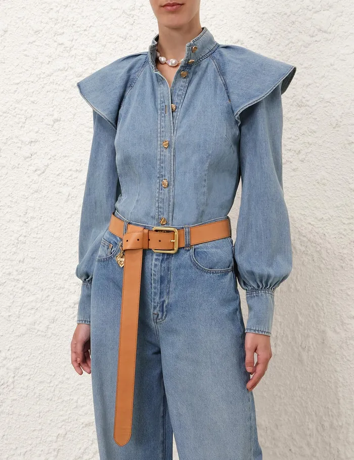 Women Zimmermann Tops Crush Denim Blouse Blue Moon