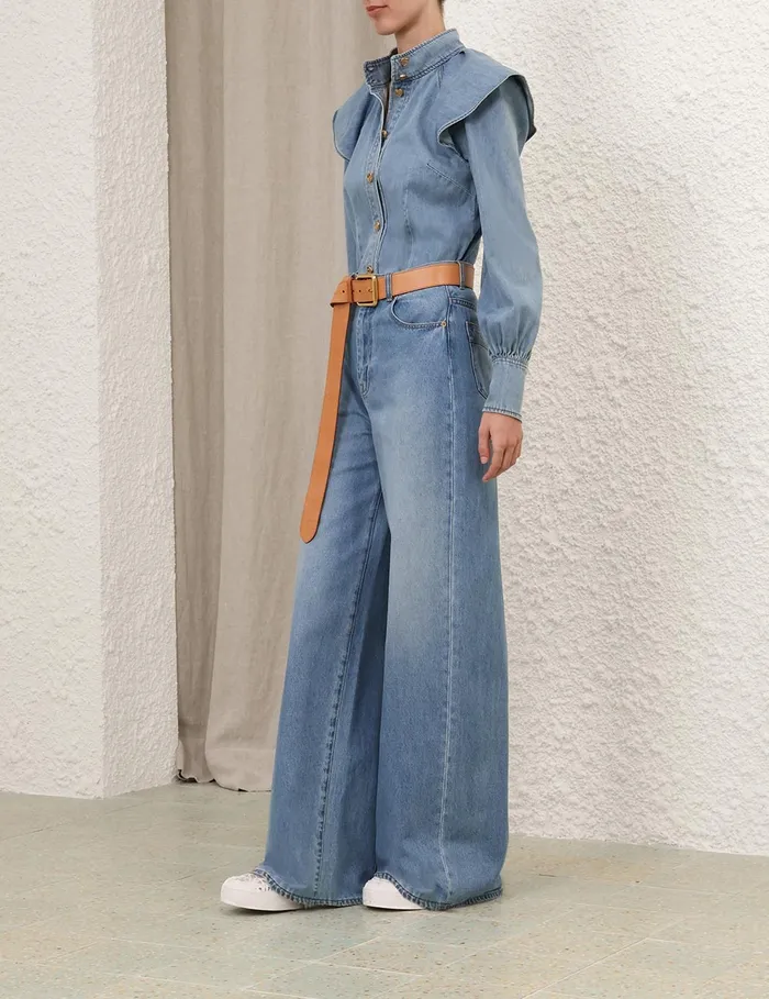 Women Zimmermann Tops Crush Denim Blouse Blue Moon