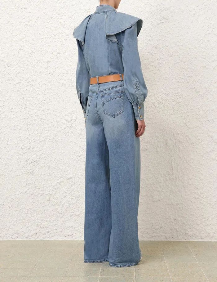 Women Zimmermann Tops Crush Denim Blouse Blue Moon