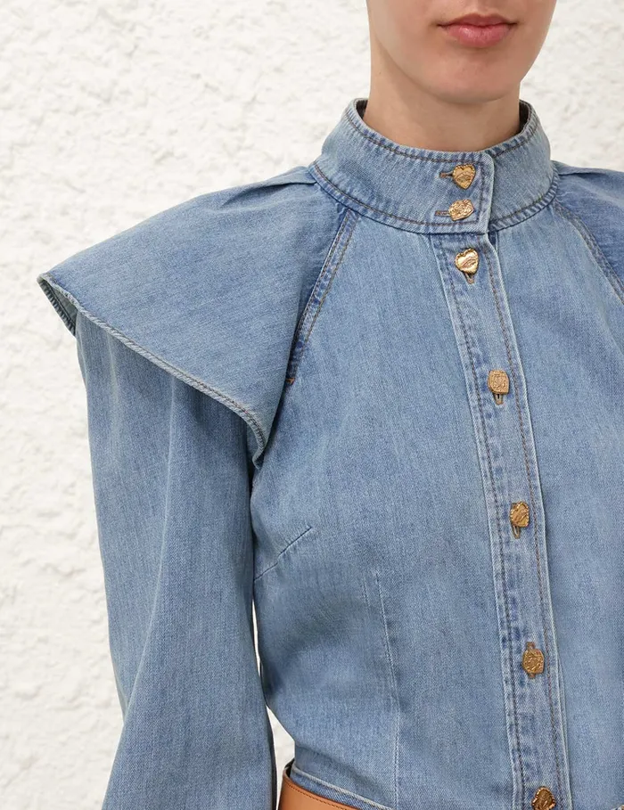 Women Zimmermann Tops Crush Denim Blouse Blue Moon