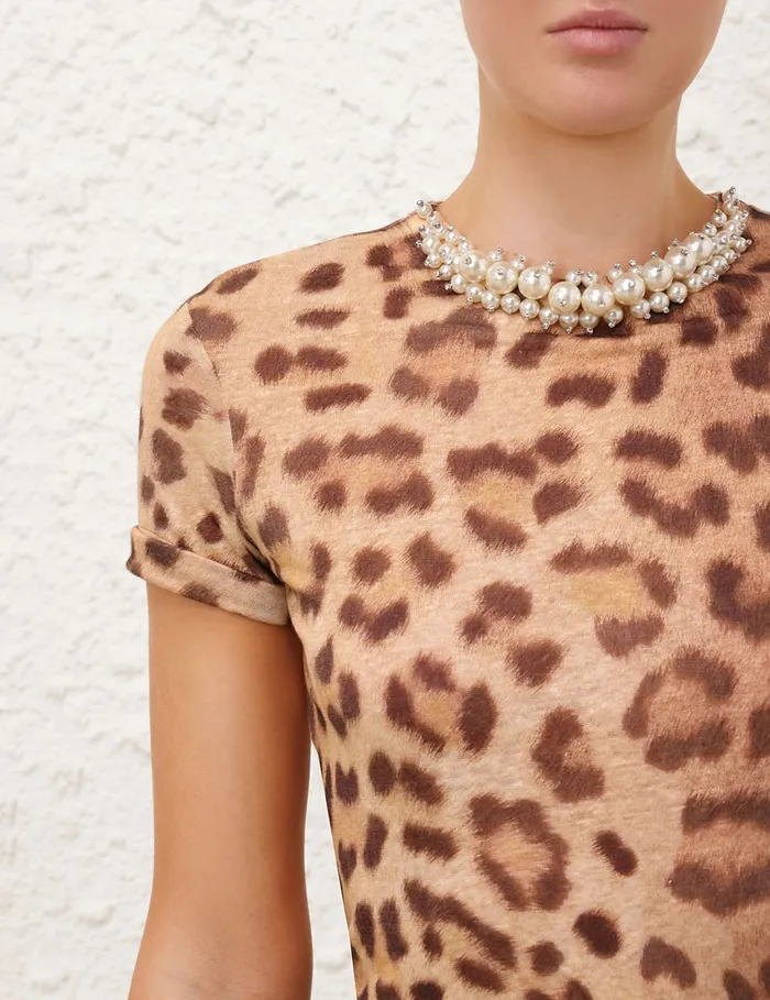 Women Zimmermann Tops Crush Embellished Tee Dark Leopard