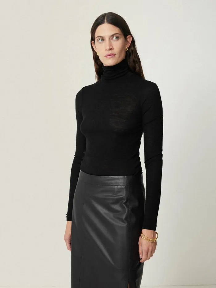 Wool Jersey Polo Neck Top Black Women Jigsaw Knitwear and Cashmere